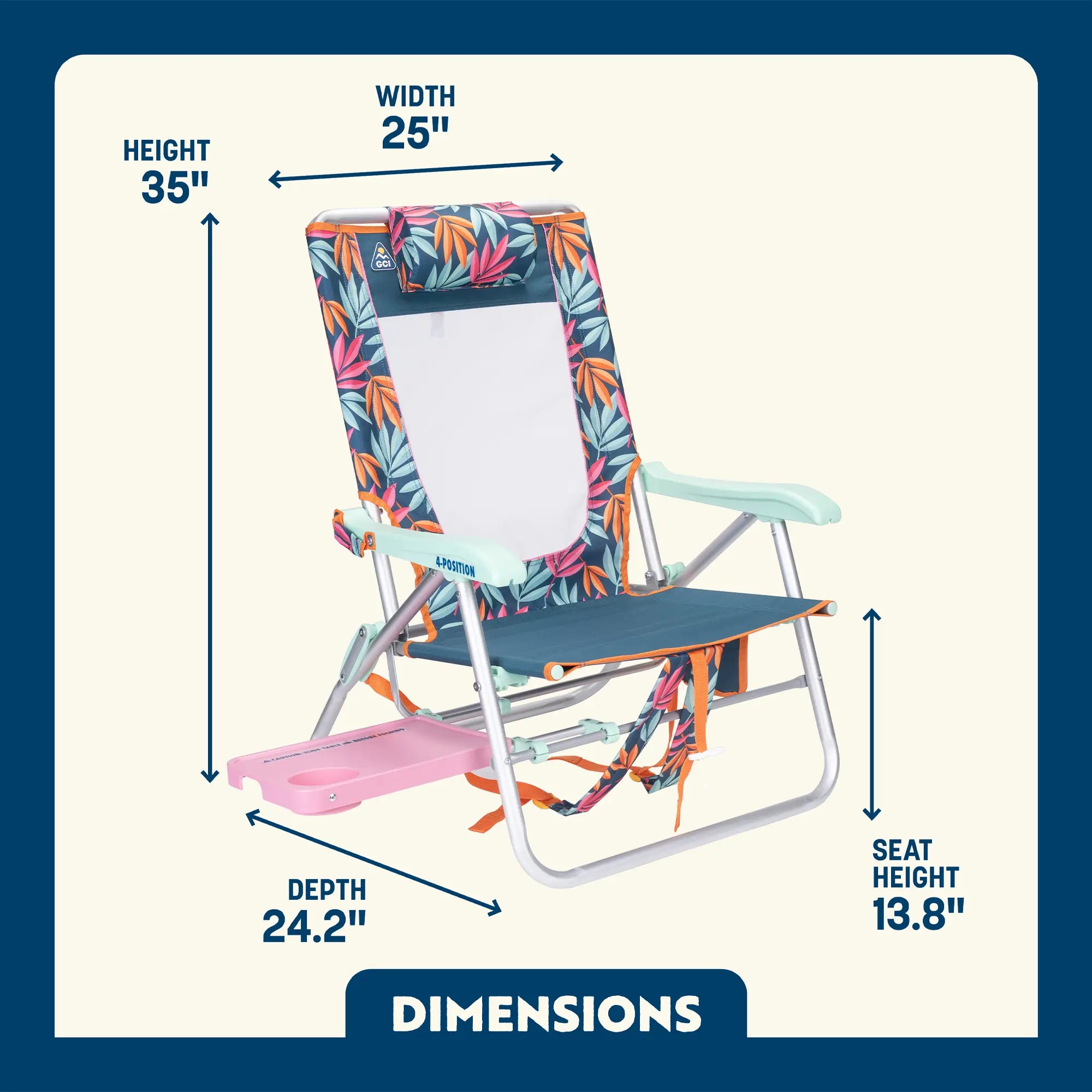 Dimension overview of the Big Surf Chair with Slide Table, showing labeled height, width, depth, and seat height.