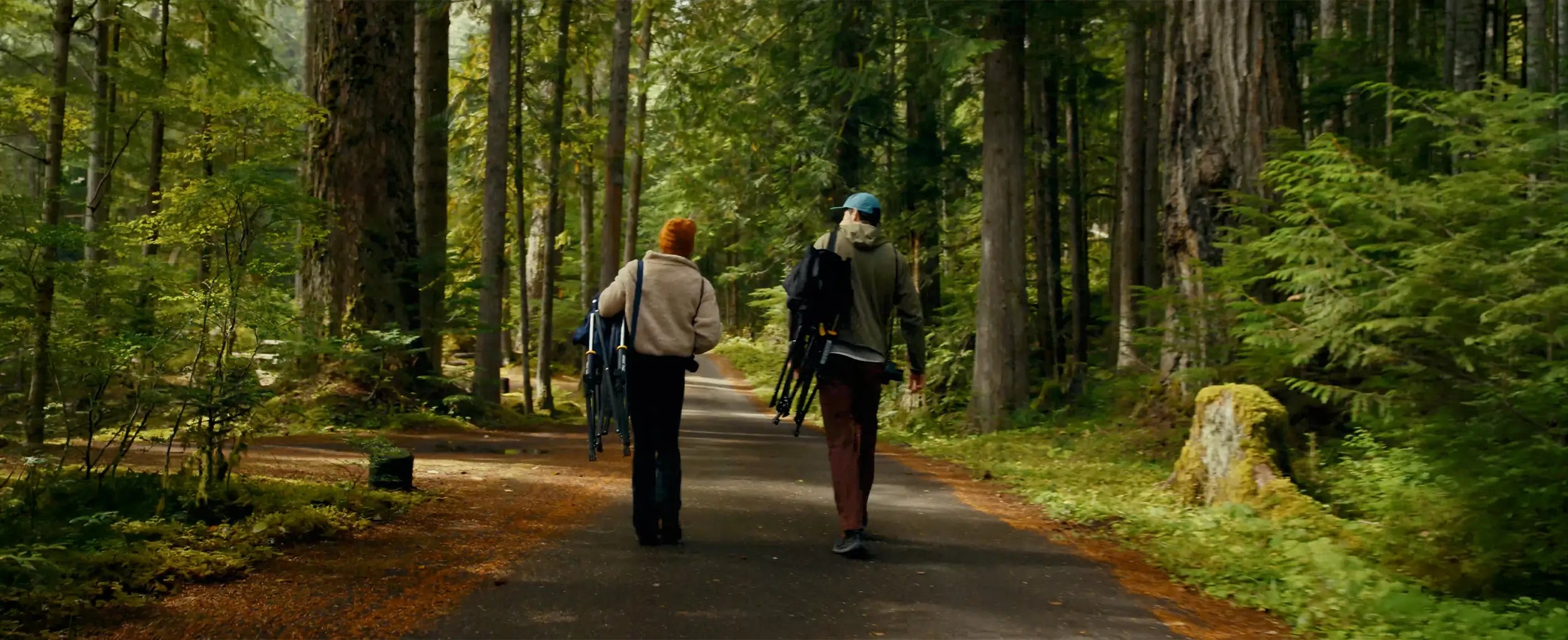 A couple walking through a paved forest trail holding GCI chairs. 