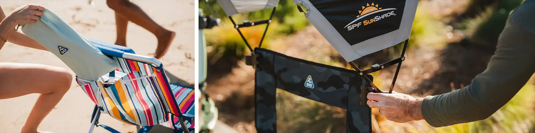 Person clipping a sunshade accessory onto their stowaway rocker chair. On the left, a person putting their sunshade accessory into their backpack beach chair.