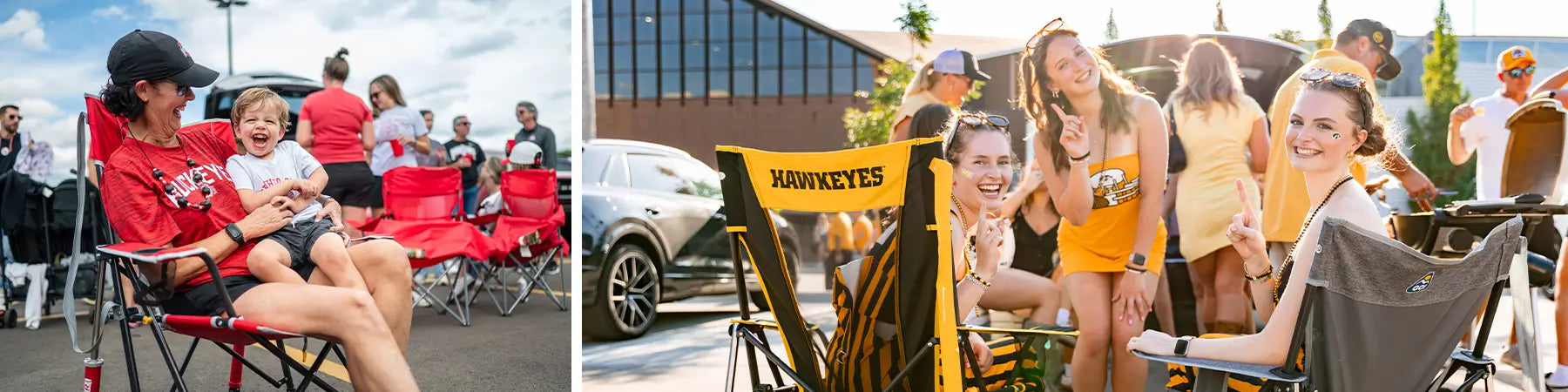 A woman holding a child that is laughing while sitting in their buckeyes comfort pro rocker chair. A group of iowa hawkeye fans sitting in comfort pro rockers. 