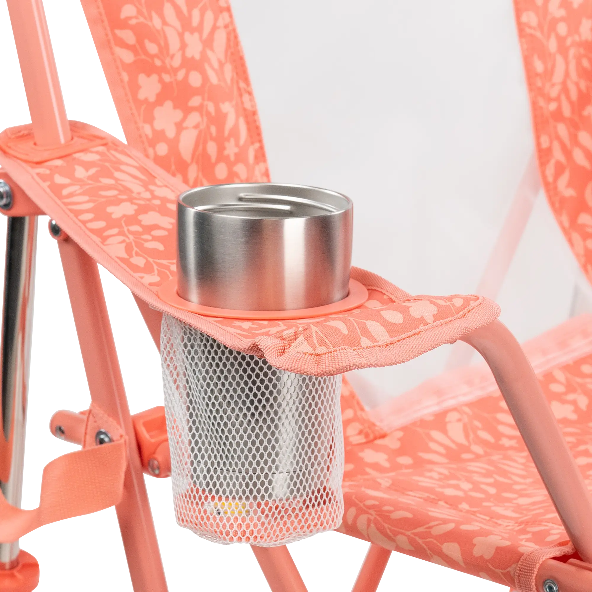Up-close of the coral garden comfort pro rocker cup holder.