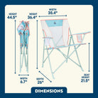 An ivory Comfort Quad Chair shown with overlaid dimension labels and arrows indicating height, width, depth, and seat height on a cream background with a dark blue border.