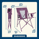 An amythst Comfort Quad Chair shown with dimension callouts for height, width, depth, and seat height on a light beige background with a dark blue border.