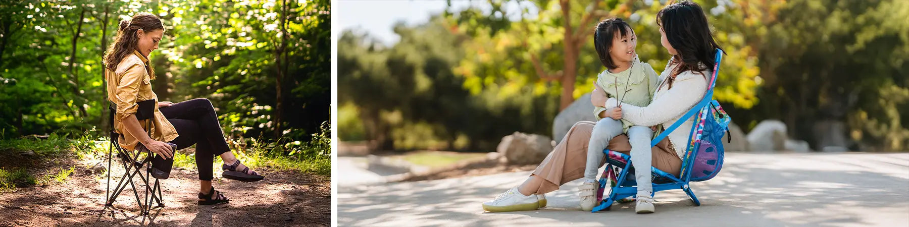 On the left, a woman sits in a Quik-E-Seat in a wooded area. On the right, a mother and daughter share a moment on an Everywhere Chair 2 in a sunny park.