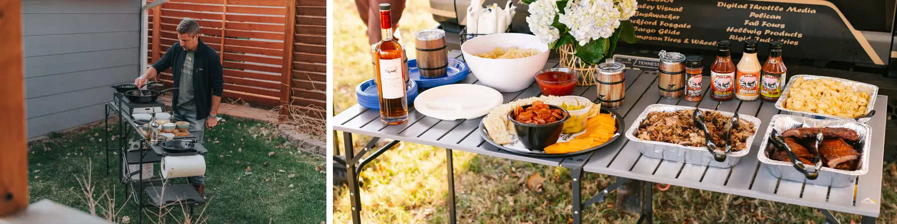 A bunch of bbq catered snacks sitting on top of the slim-fold table. On the left, a man cooking using the master cook station.