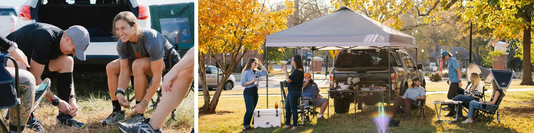 Friends putting on gear near a car on the left; group tailgating under a canopy beside a truck in a park on the right.