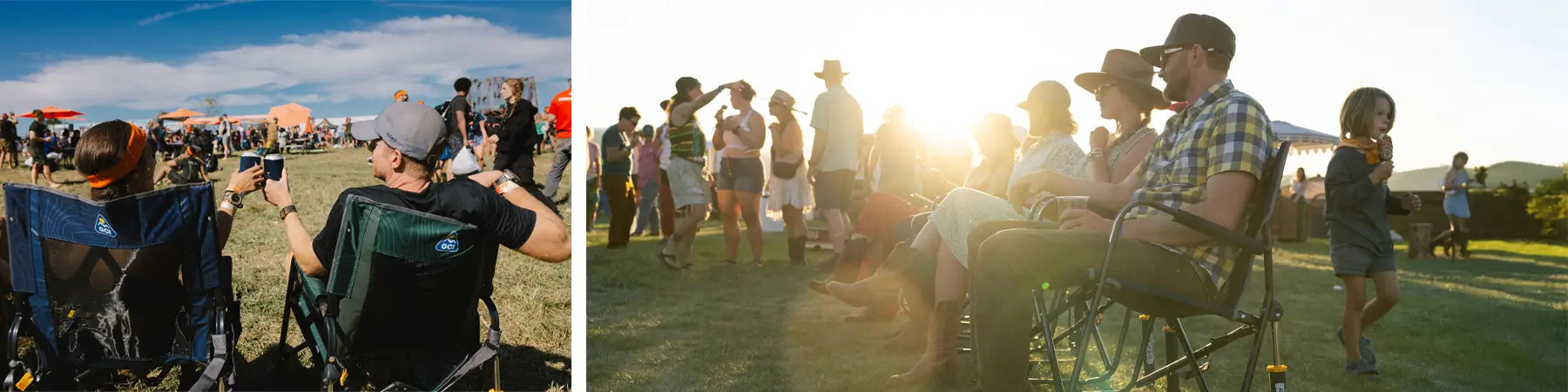 Left: Two people in Stowaway Rockers at an outdoor festival, toasting drinks. Right: People sitting in Freestyle Rockers at a sunny event, with a child walking nearby.