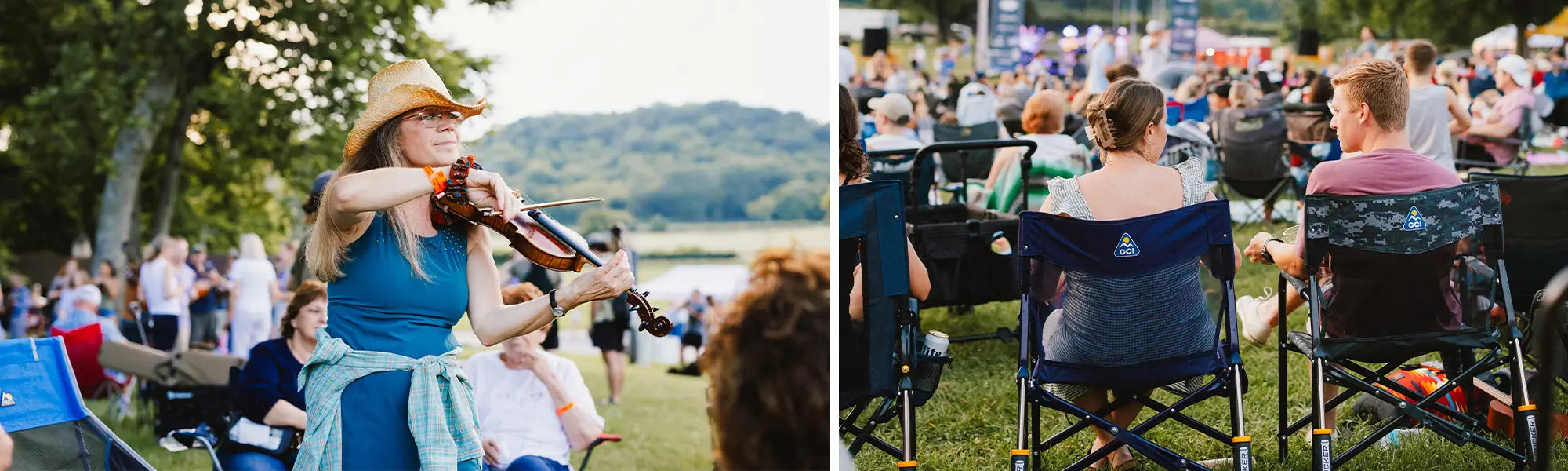 A split banner of a woman playing a violin in front of a compack rocker and two people sitting in freestyle rocker elite chairs watching a concert. 
