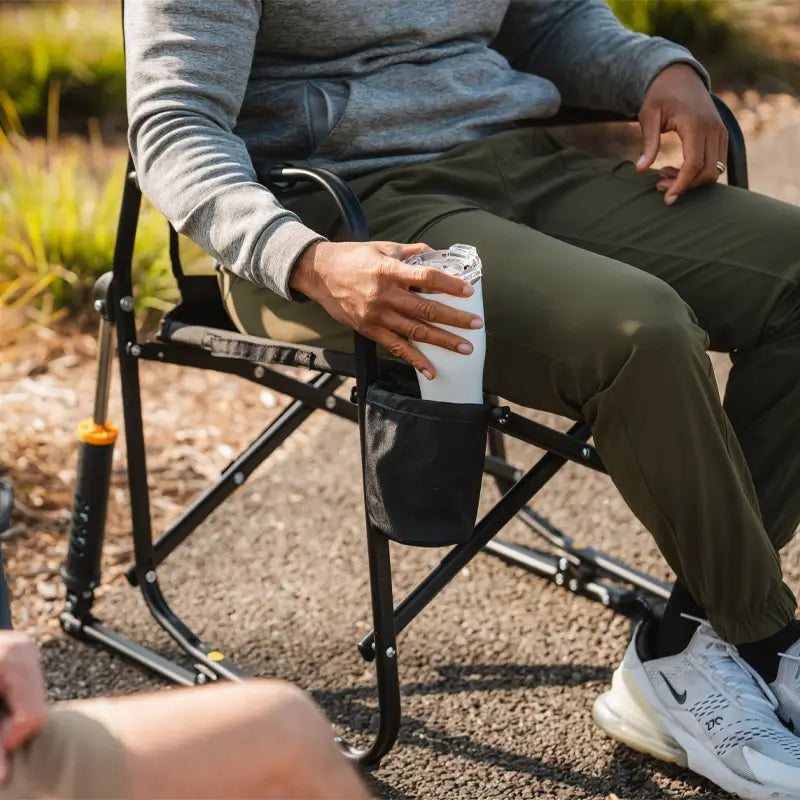 Freestyle Rocker Elite’s cup holder feature, holding a water bottle for easy access.