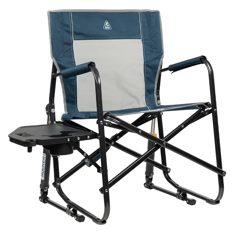 Freestyle Rocker with Side Table, Heathered Indigo, Front Table Open