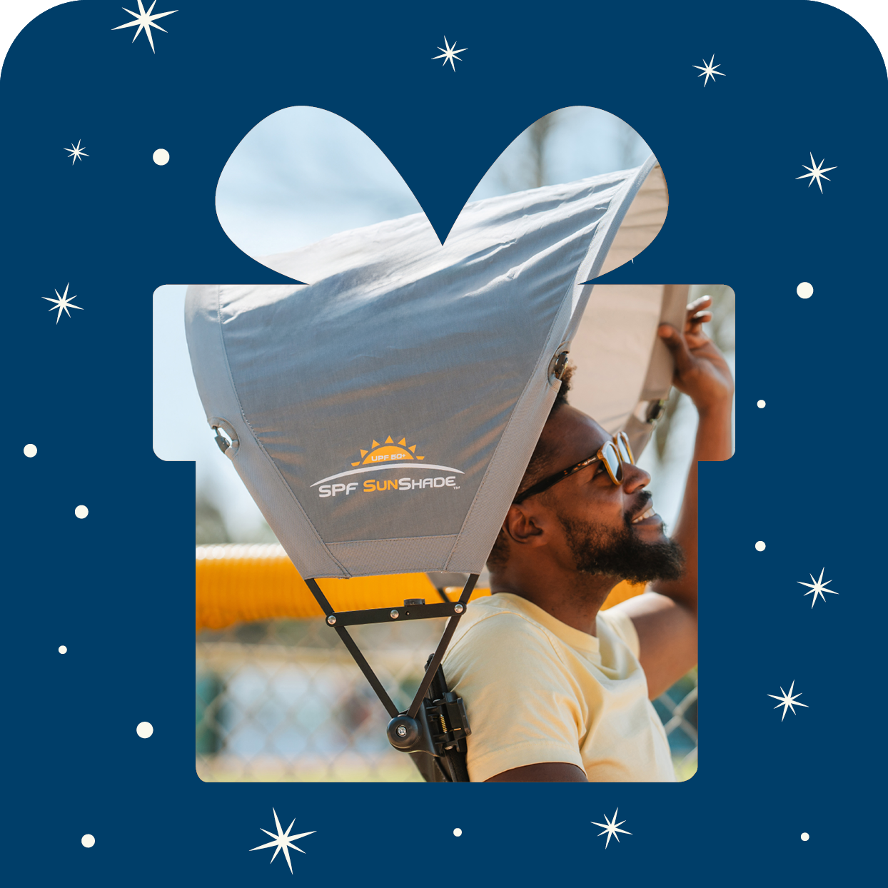 A gift box shaped outline with a sunshade accessory inside the gift. 