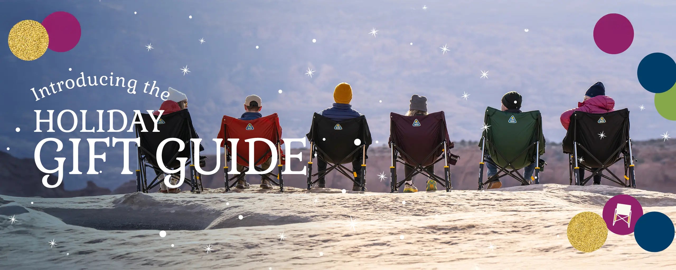A group of people sitting in puff rockers on a canyon with a text overlay that says introducing the holiday gift guide. 