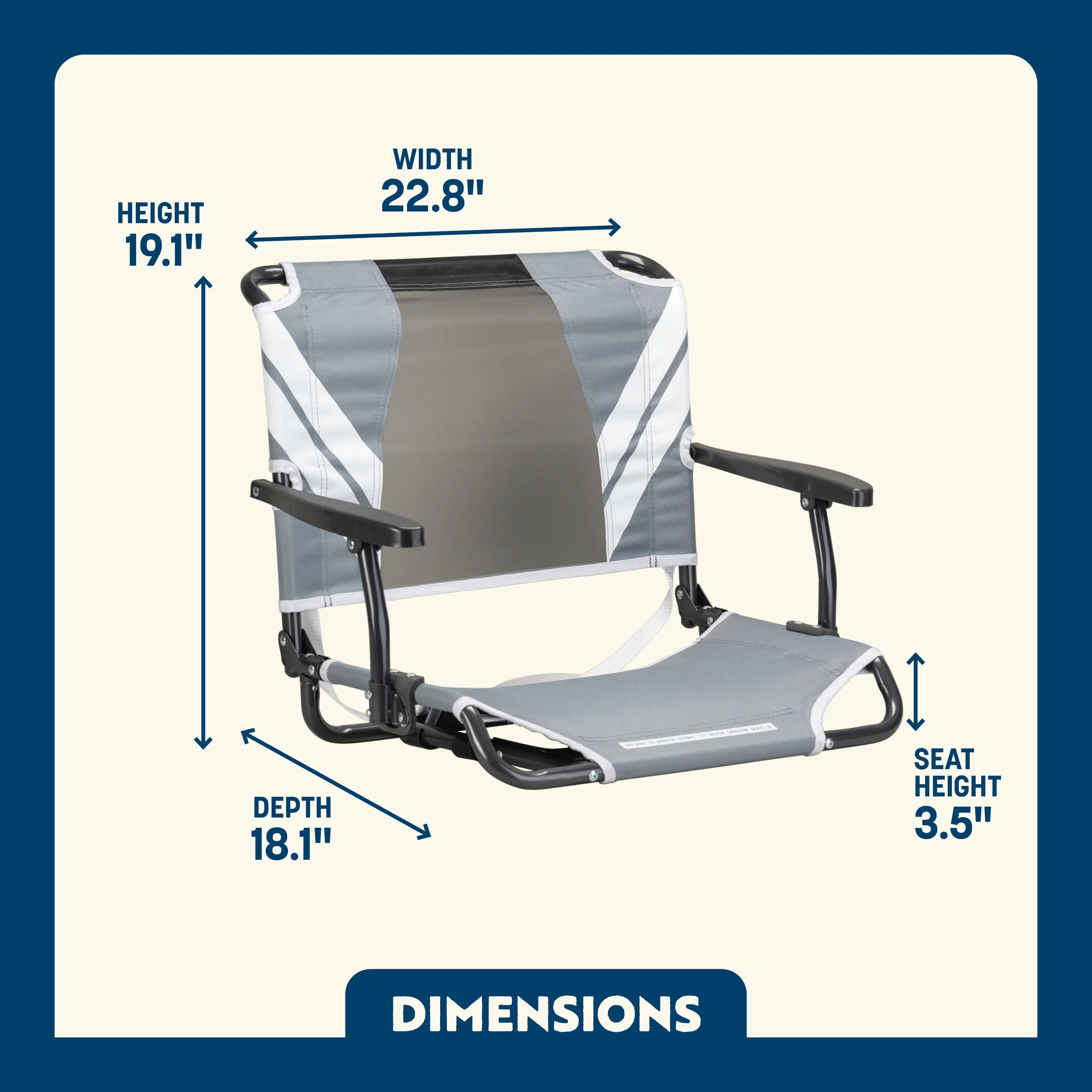 Dimension overview of the Big Comfort Stadium Chair, showing labeled seat height, width, depth, and back height.