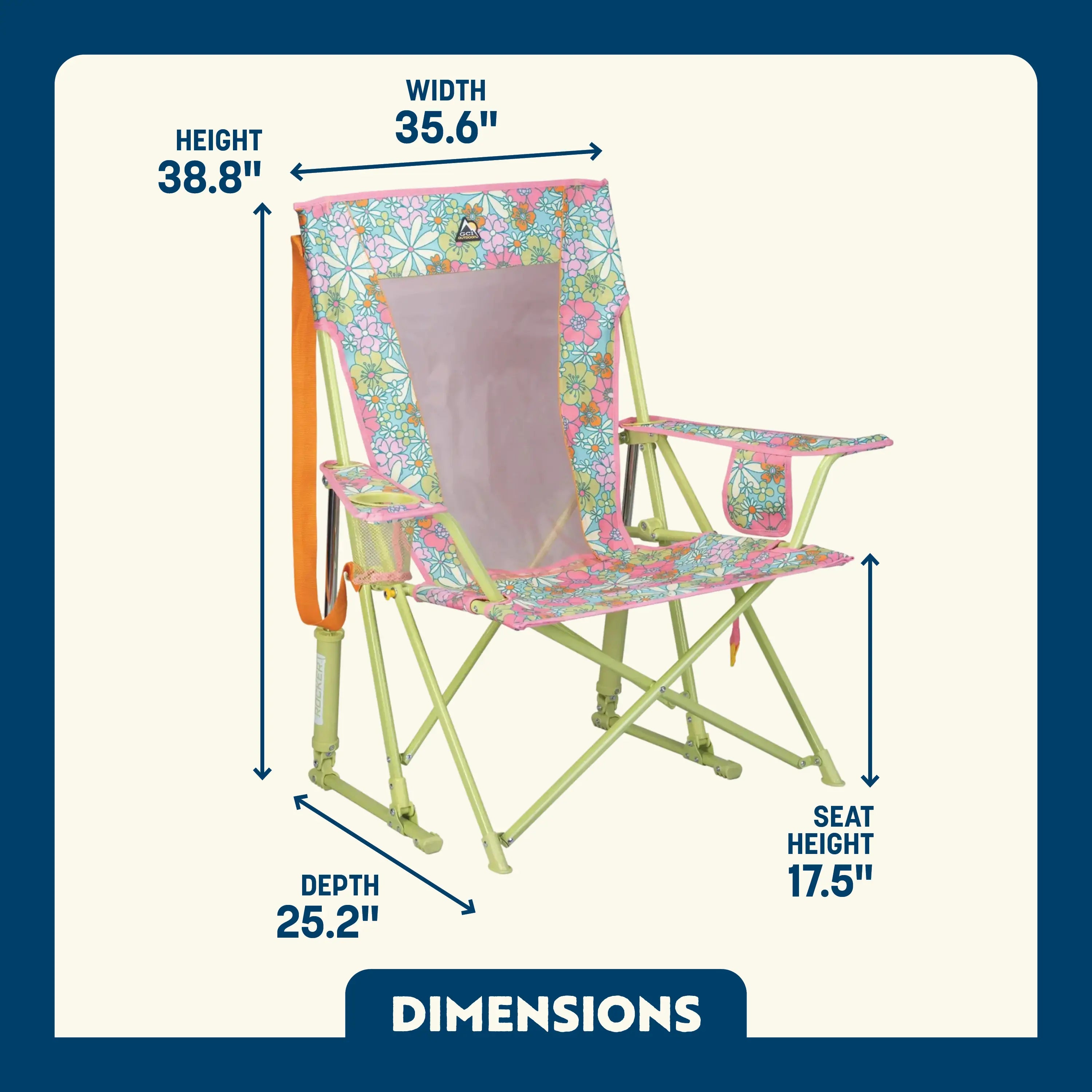 Floral Comfort Pro Rocker with cupholder showing the dimensions.