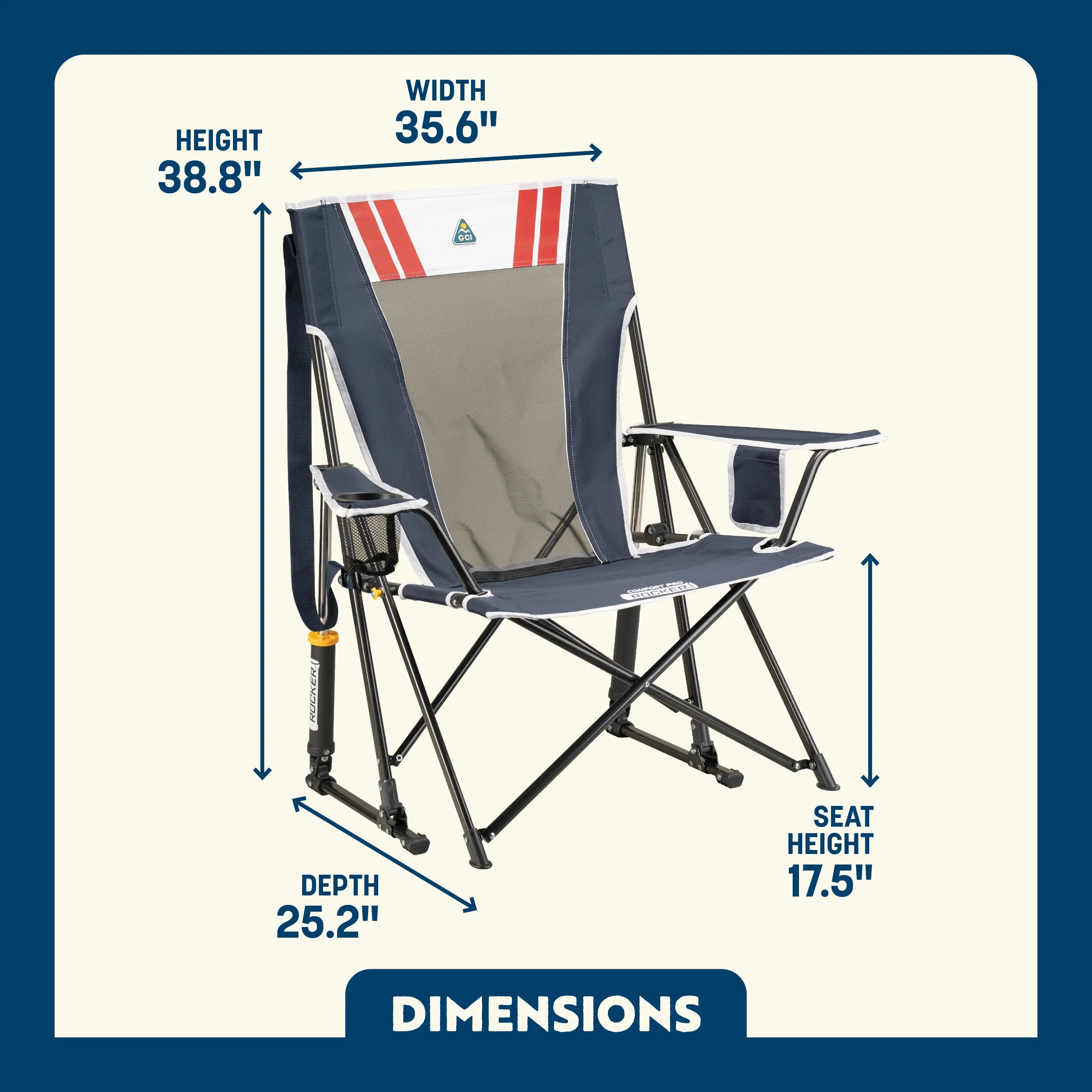 Varsity Indigo Comfort Pro Rocker with cupholder showing the dimensions.