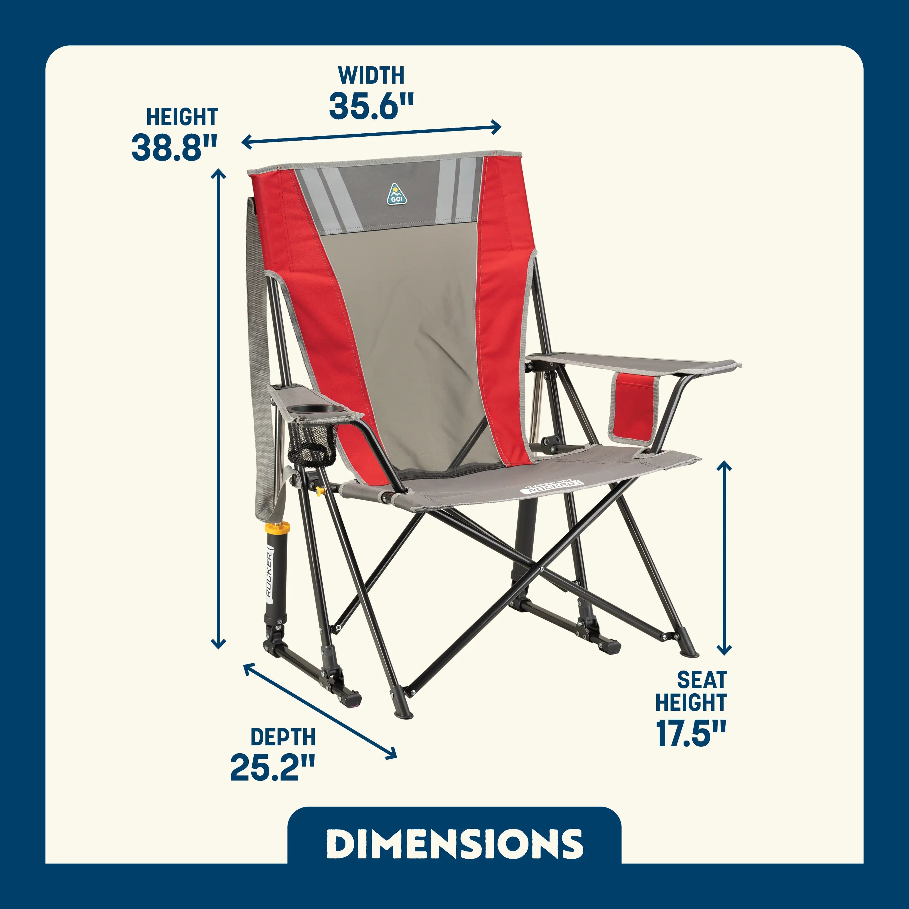 Varsity Red Comfort Pro Rocker with cupholder showing the dimensions.