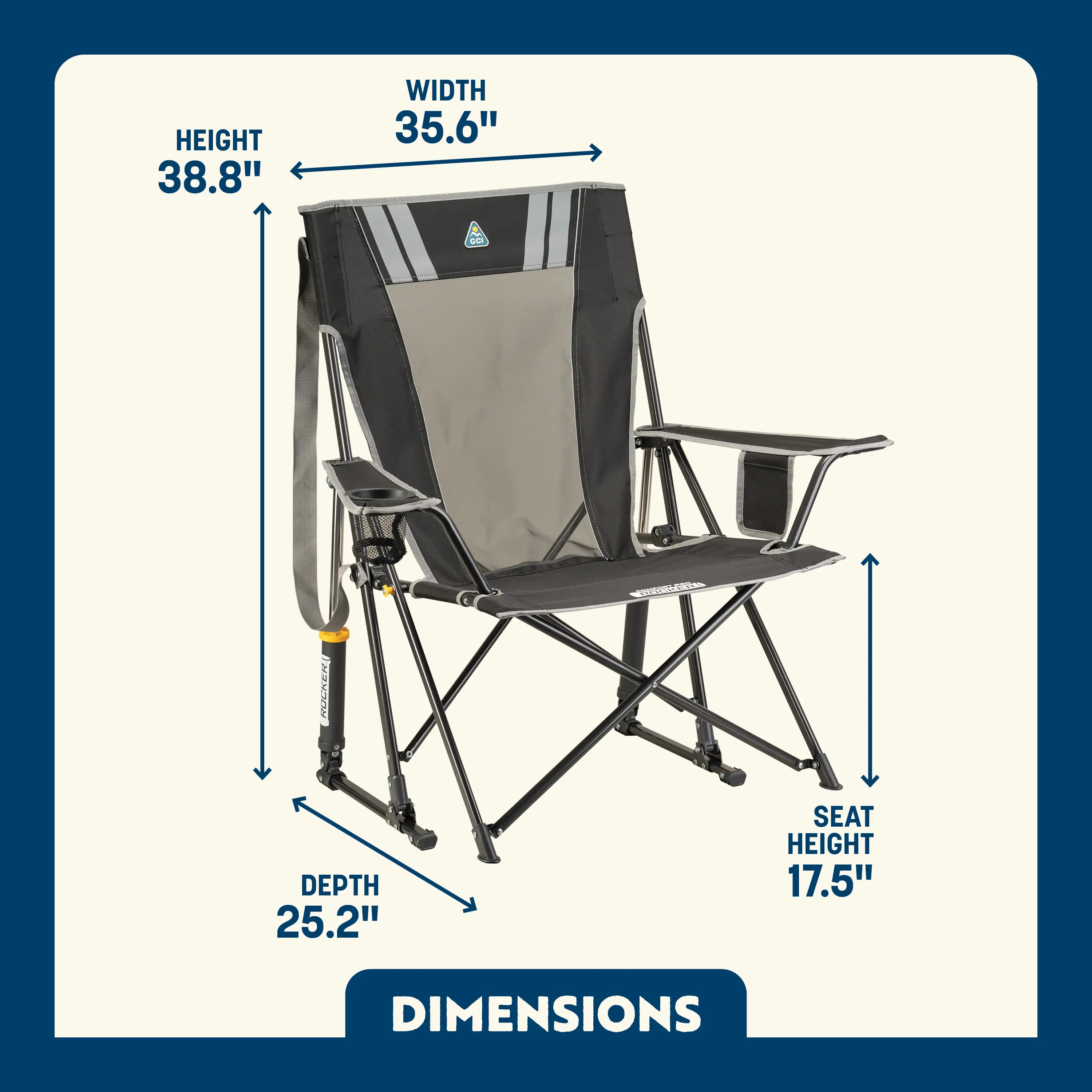 Varsity Black Comfort Pro Rocker with cupholder showing the dimensions.