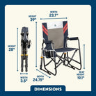 Stowaway Rocker shown open and folded, with compact frame, mesh panel, and labeled seat and chair dimensions.