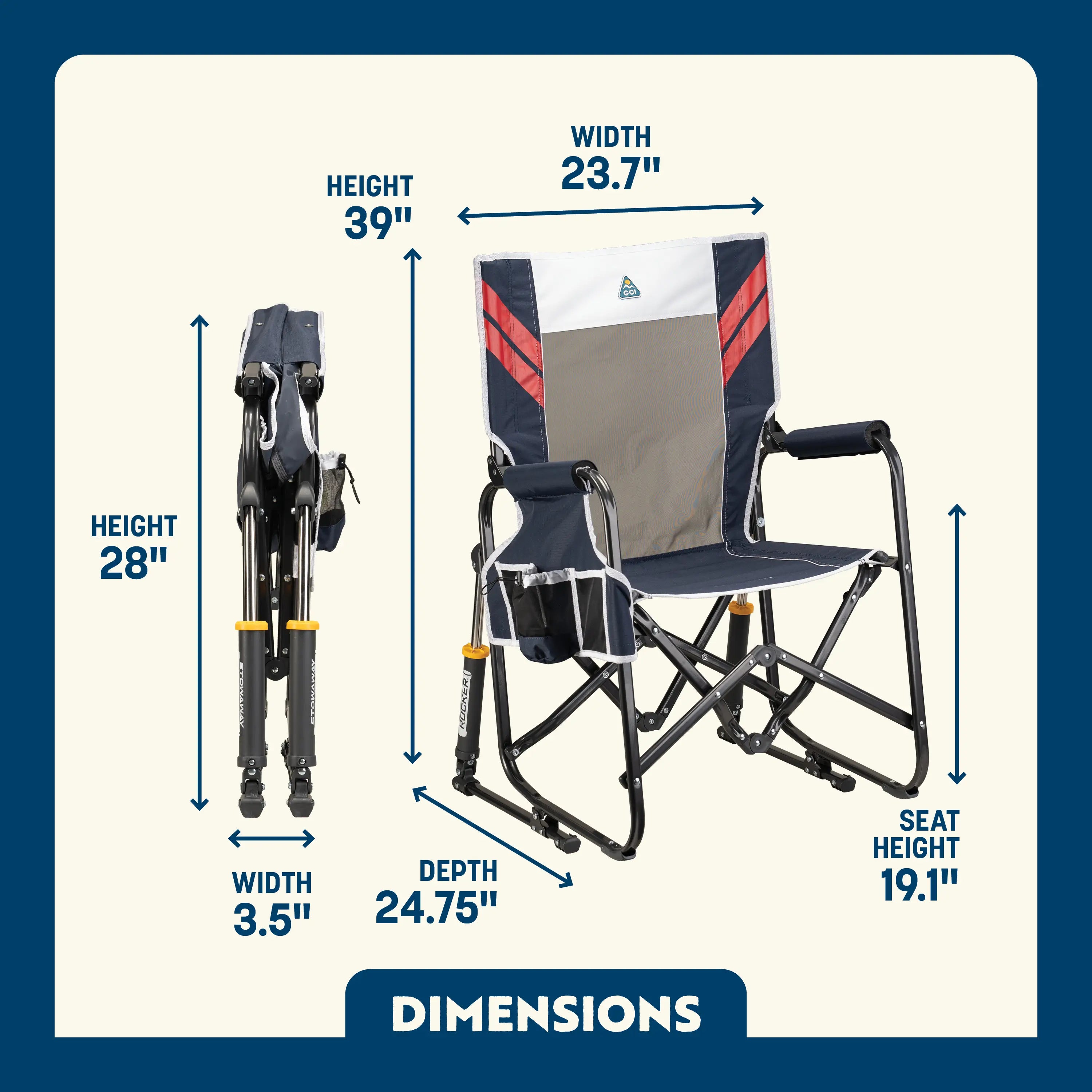 Stowaway Rocker shown open and folded, with compact frame, mesh panel, and labeled seat and chair dimensions.