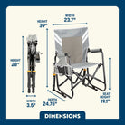 Stowaway Rocker shown open and folded, with compact frame, mesh panel, and labeled seat and chair dimensions.