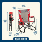 Stowaway Rocker shown open and folded, with compact frame, mesh panel, and labeled seat and chair dimensions.