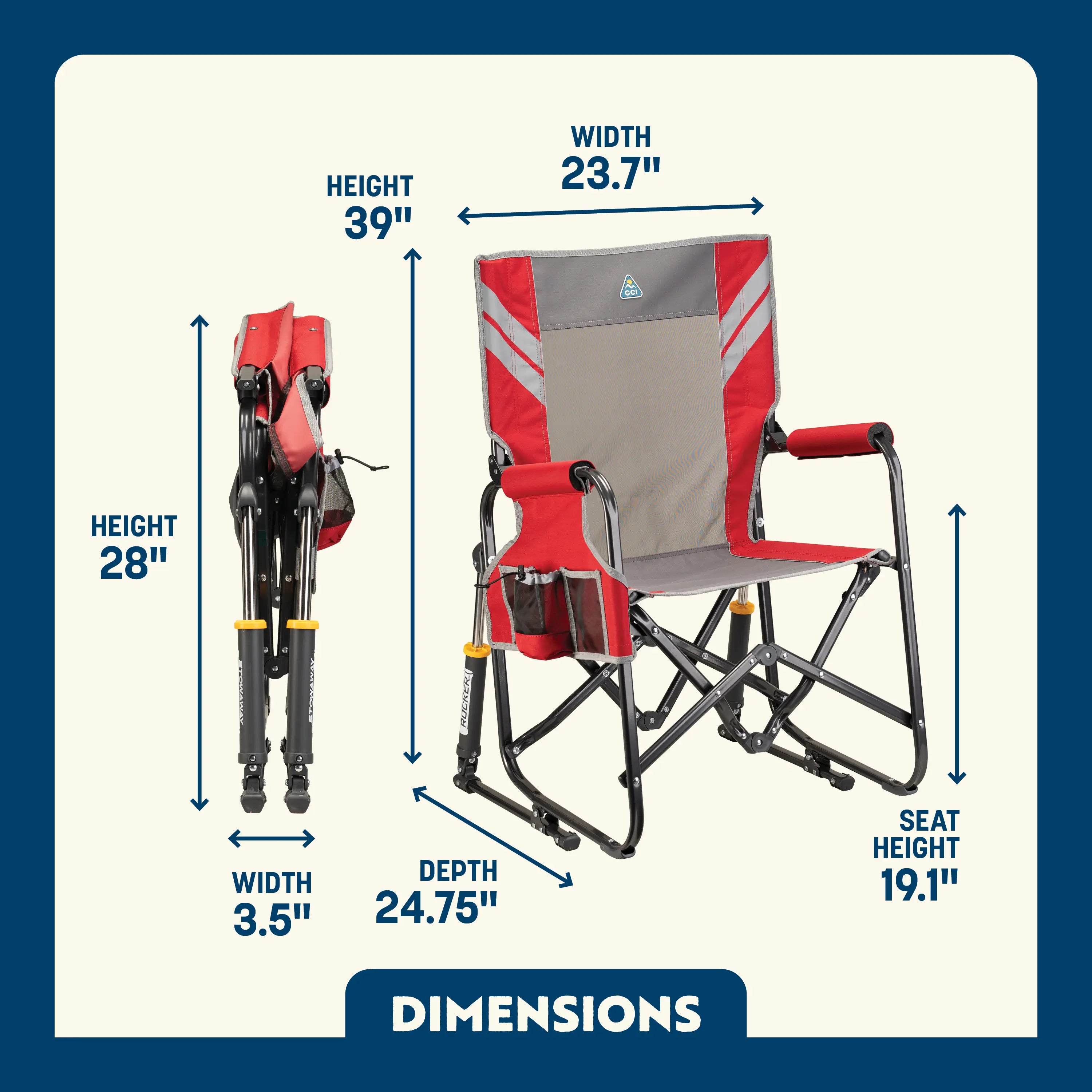Stowaway Rocker shown open and folded, with compact frame, mesh panel, and labeled seat and chair dimensions.