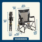 Stowaway Rocker shown open and folded, with compact frame, mesh panel, and labeled seat and chair dimensions.