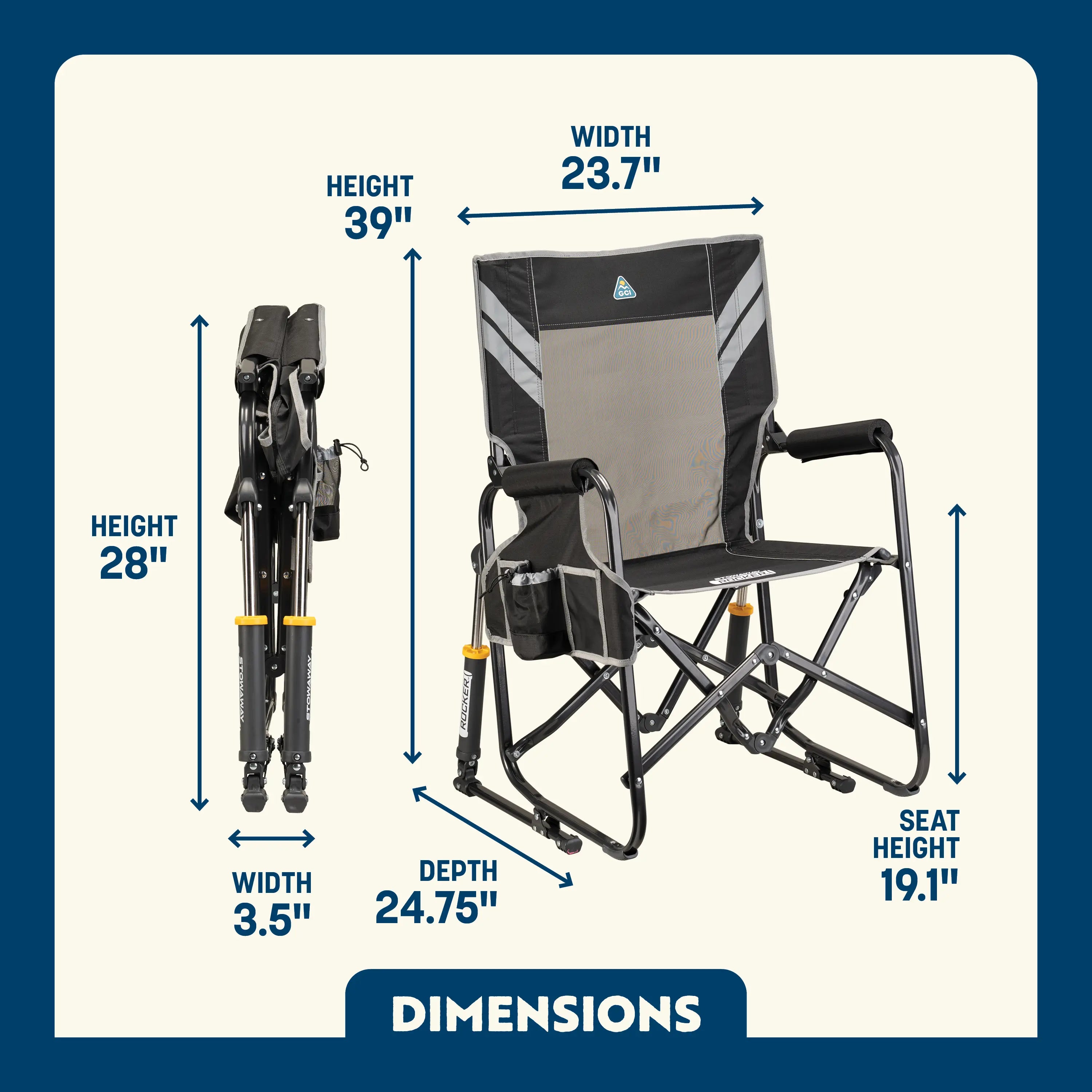 Stowaway Rocker shown open and folded, with compact frame, mesh panel, and labeled seat and chair dimensions.