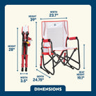 Stowaway Rocker shown open and folded, with compact frame, mesh panel, and labeled seat and chair dimensions.