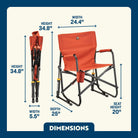 Pumpkin Spice Freestyle Rocker shown open and folded, with seat height, width, depth, and total height labeled.
