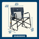 Indigo Freestyle Rocker XL shown upright with labeled height, width, depth, and seat height; includes cupholder.