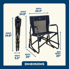 Indigo Freestyle Rocker shown open and folded, with seat height, width, depth, and total height labeled.
