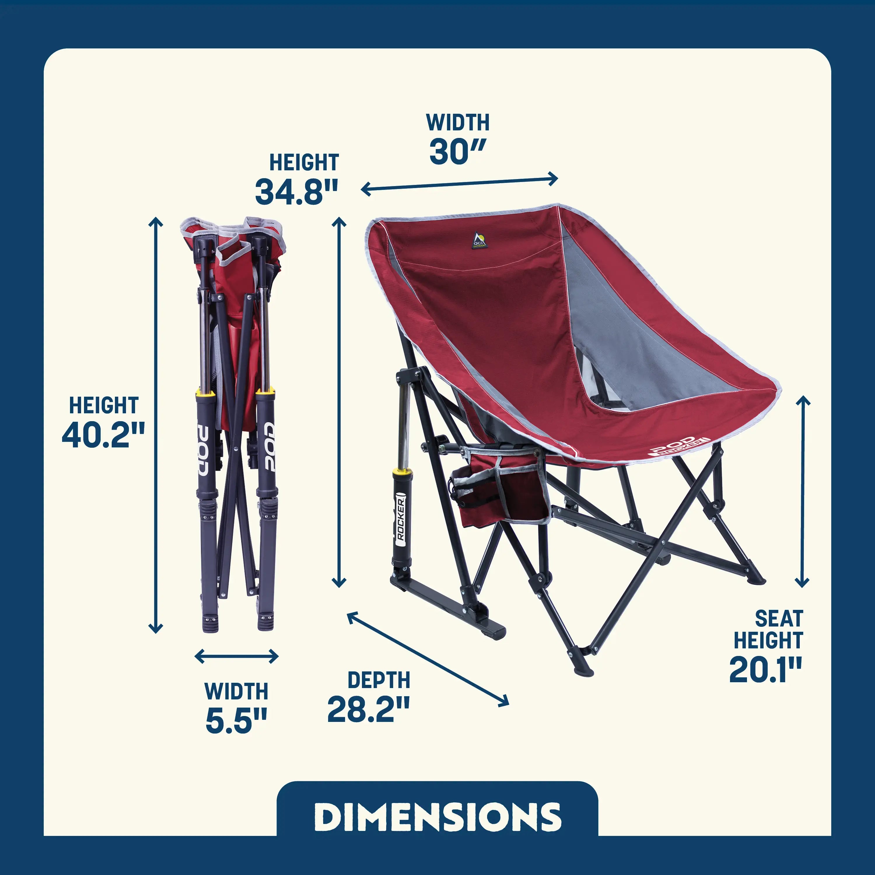 Red Pod Rocker dimensions overview.