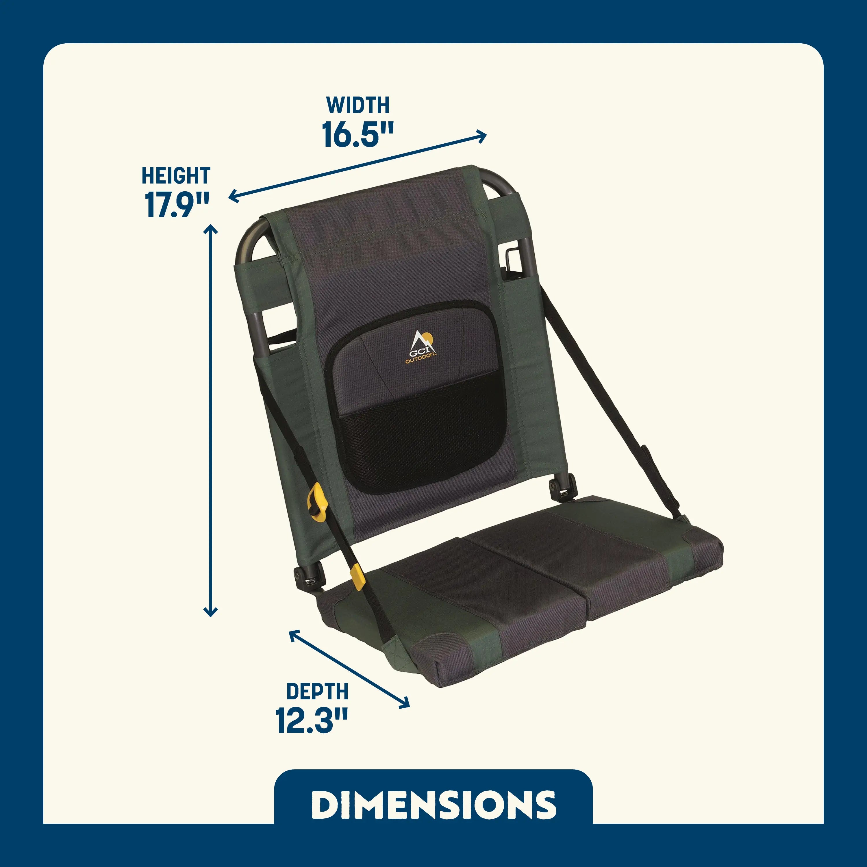 Dimension overview of the SitBacker seat, highlighting height, width, and depth with labeled arrows on the folded cushion-style seat.