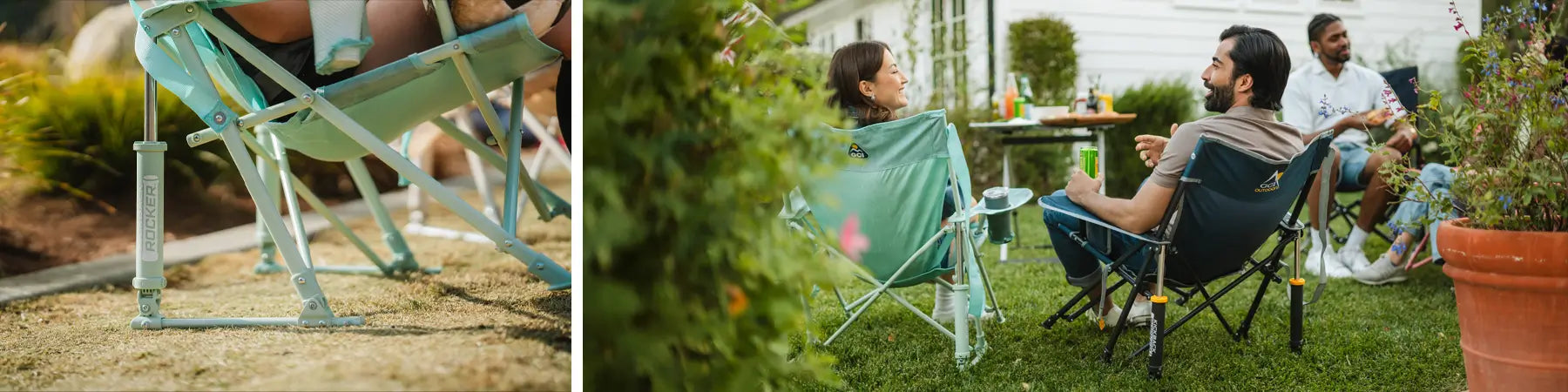 An up close of the shocks at the kickback rocker and a group in a backyard setting sitting in GCI Outdoor chairs. 