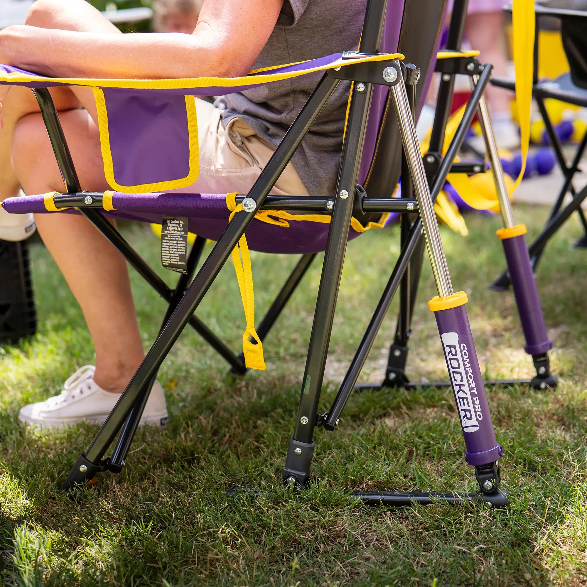 Upclose angle of the spring action rocking technology on the LSU comfort pro rocker chair. 