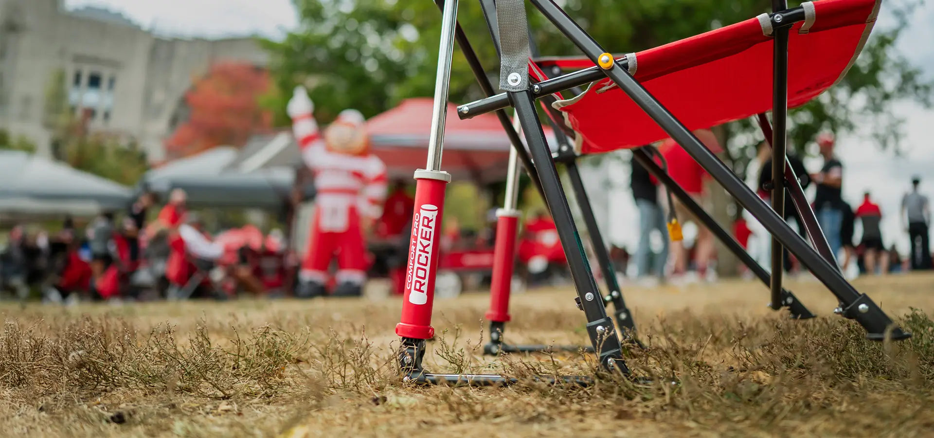 Ohio State licensed comfort pro rocker in front of a blow up ohio state mascot. 