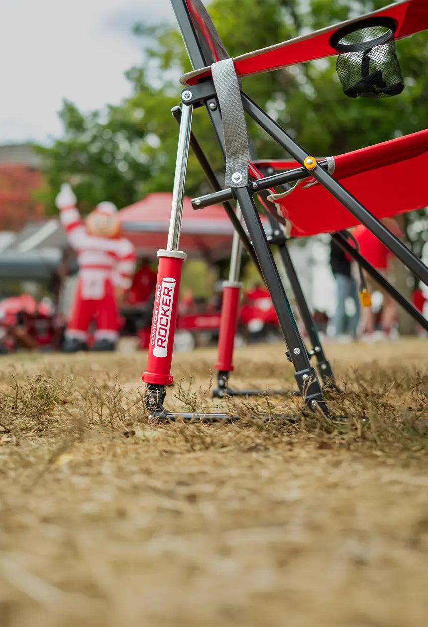 Ohio State licensed comfort pro rocker in front of a blow up ohio state mascot. 