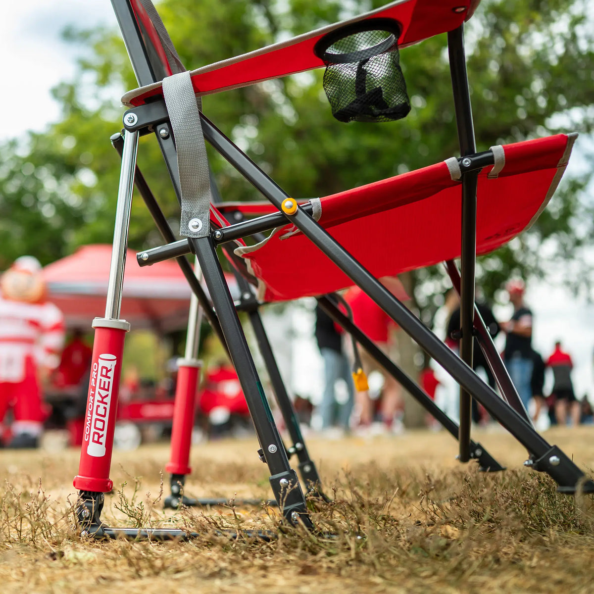 Upclose angle of the spring action rocking technology on the ohio state comfort pro rocker. 