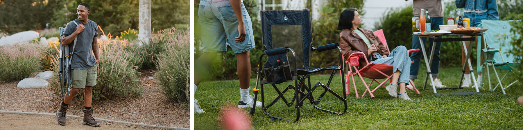 A man carrying a folded comfort pro rocker walks on a dirt path, while a group of people relax in chairs near a picnic table.