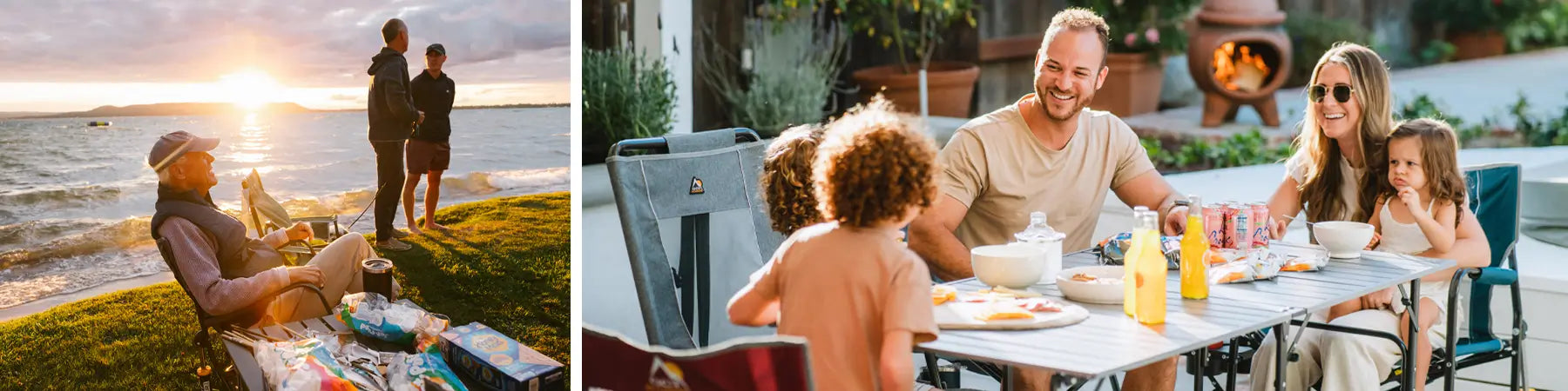 Family sitting at the slim-fold table in their backyard eating together. On the right, a man sitting in a freestyle rocker with a compact table 20 next to him.