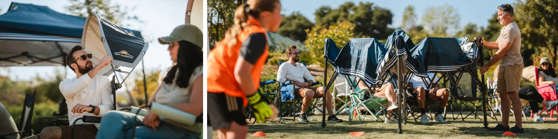 Man adjusting an SPF SunShade attached to his folding chair at a sunny outdoor event, surrounded by other spectators and chairs.