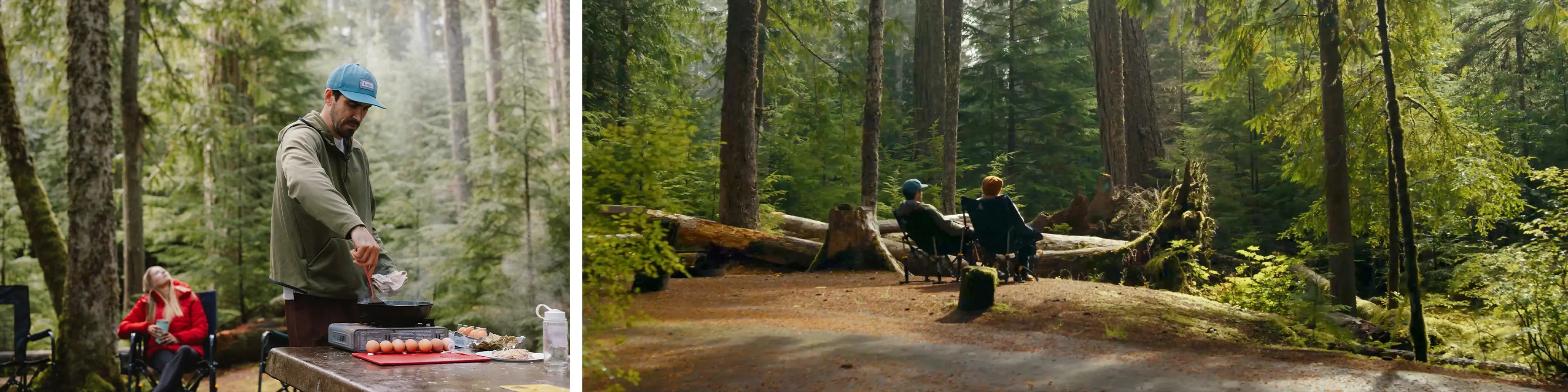 Two scenes from a forest: one with people cooking on a grill, the other with people sitting on chairs enjoying the view.