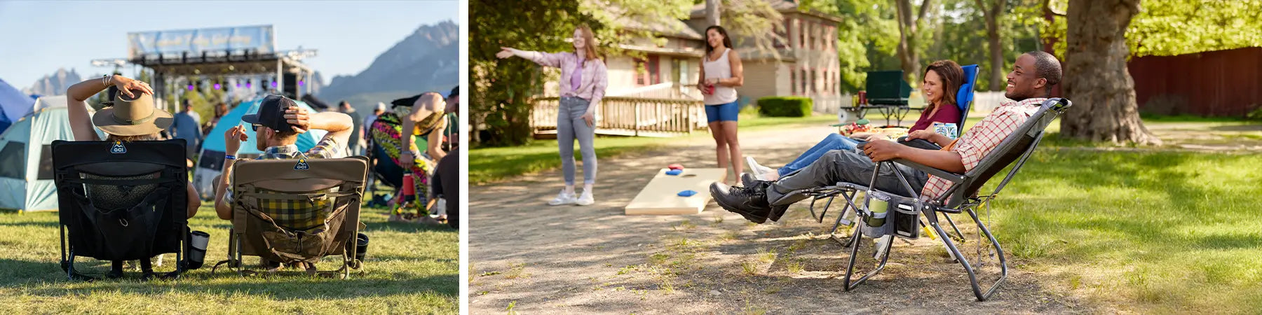 On the left, two people sit in Everywhere Chair 2 at a festival. On the right, a man reclines in a Legz Up Lounger while watching a cornhole game in a backyard setting.