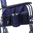 Rich blue organizer attached to a chair with cup holder, keys, and phone inside.