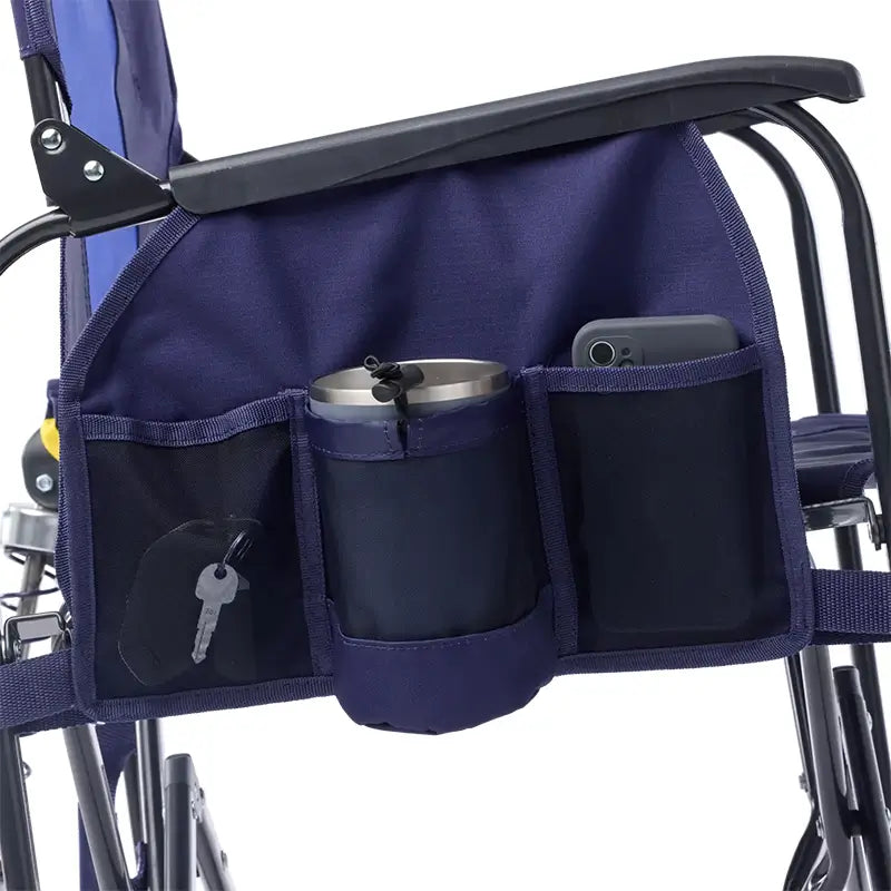 Rich blue organizer attached to a chair with cup holder, keys, and phone inside.