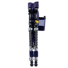 Blue folding chair fully collapsed on a white background