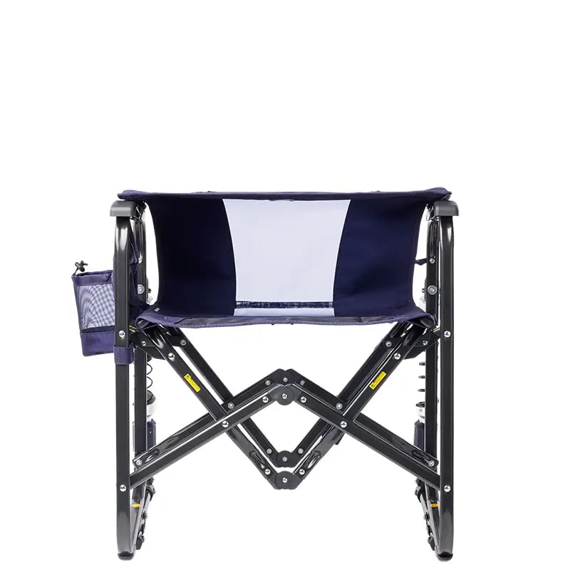 Rich blue and white folding chair with a black frame on a white background