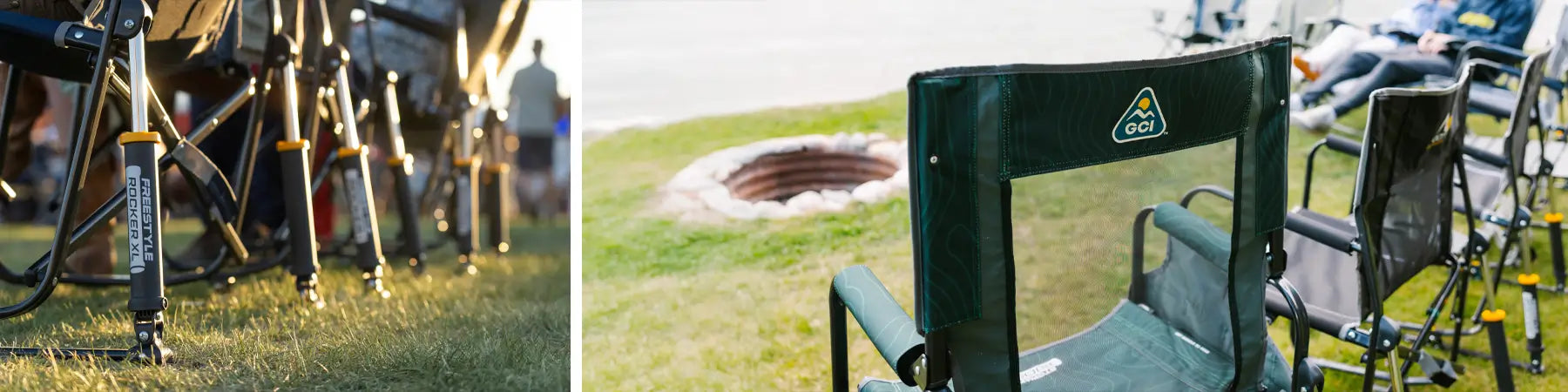 On the left, a close-up of the Freestyle Rocker chair’s spring-loaded rocking mechanism. On the right, a GCI Stowaway Rocker chair is set up near a fire pit by the lake, with more chairs and a couple in the background.