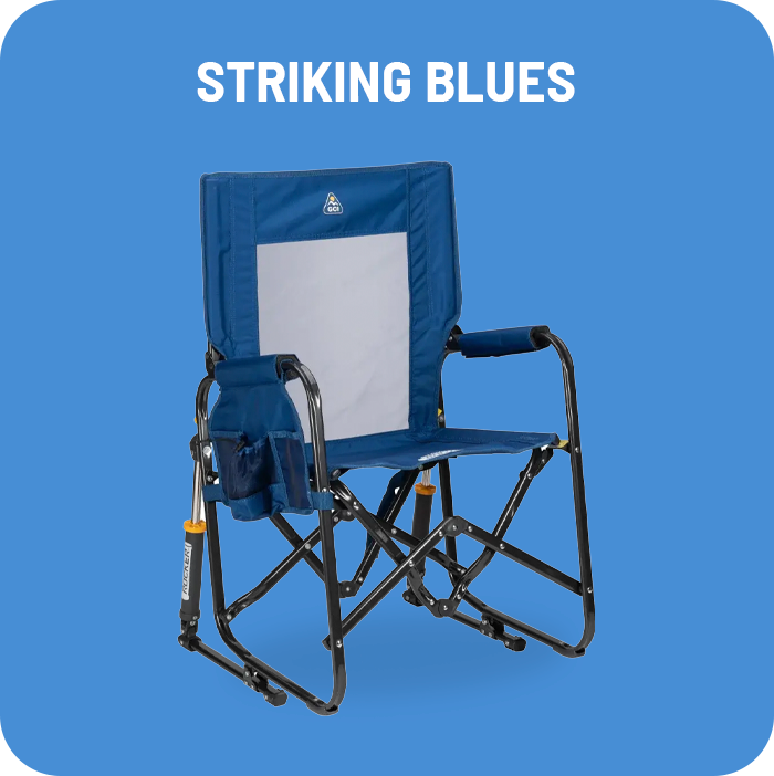 A navy stowaway rocker with "Striking Blues" text above it. 